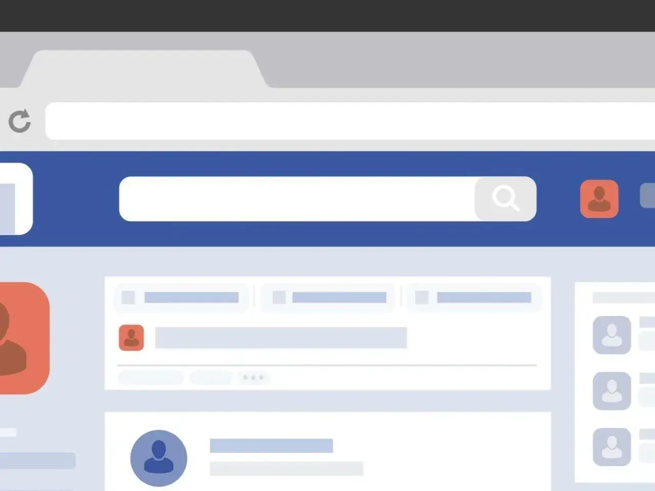 Ilustracja interfejsu Facebooka, pokazująca pasek wyszukiwania i ikonę profilu. Dowiedz się, jak usunąć zdjęcie profilowe na FB.