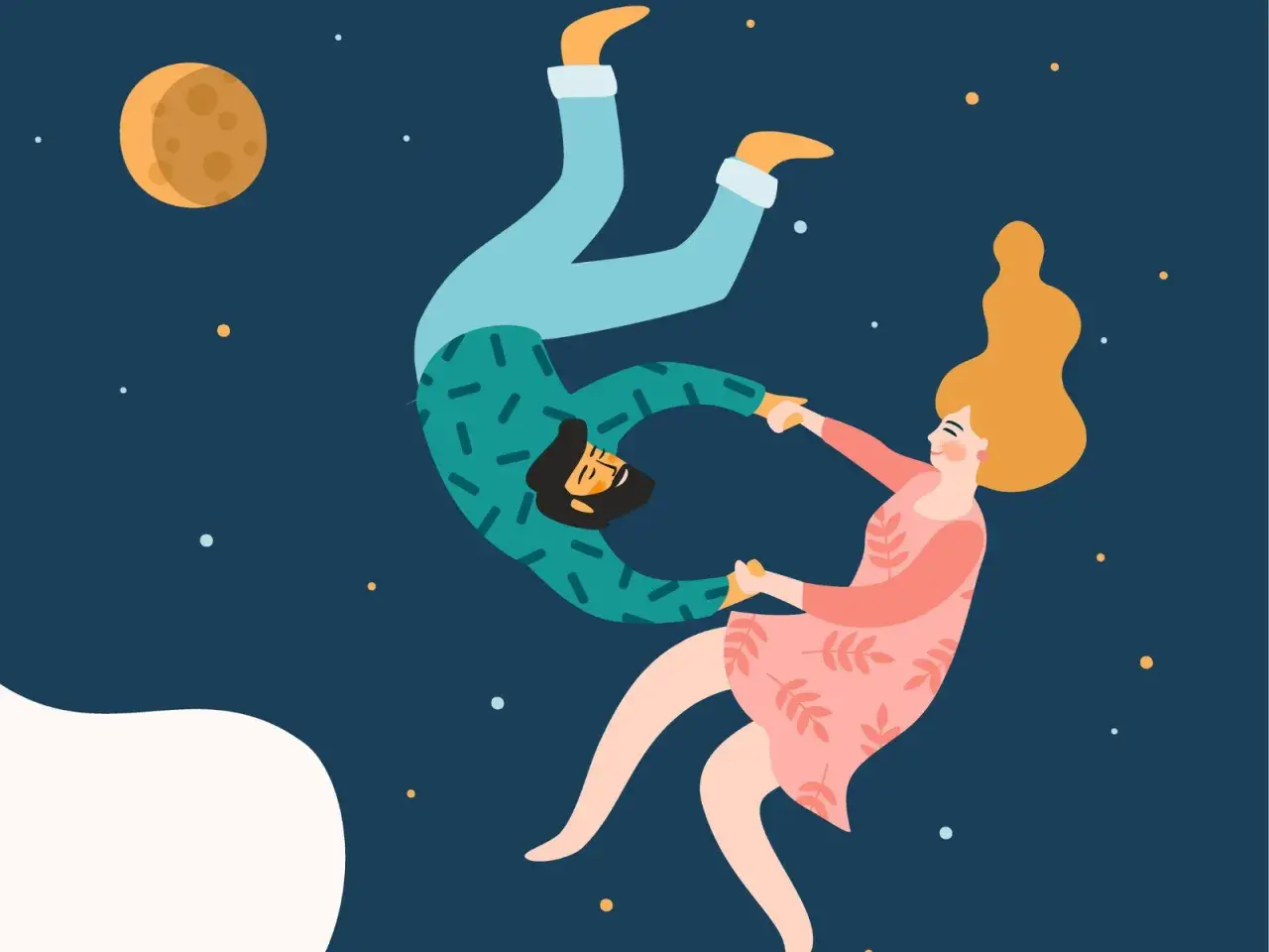 Coppia che fluttua nel cielo stellato, tenendosi per mano. Un invito a capire se si è pronti per una relazione, lasciandosi trasportare.