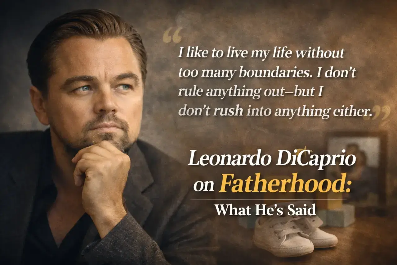 Leonardo DiCaprio z ręką na brodzie, cytat o ojcostwie i dziecięce buciki.