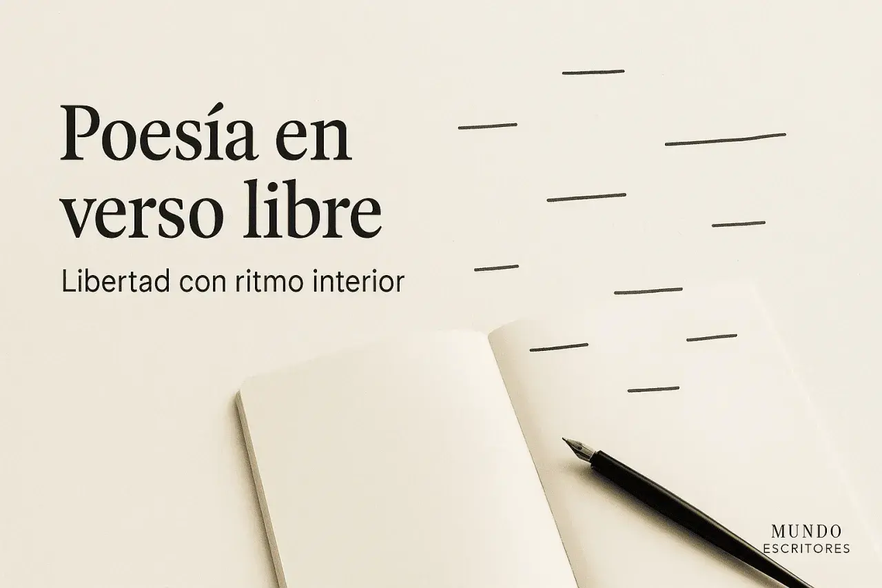 En öppen anteckningsbok med en fjäderpenna. Texten "Poesía en verso libre" och "Libertad con ritmo interior" antyder att det är dags att skriva om texter.