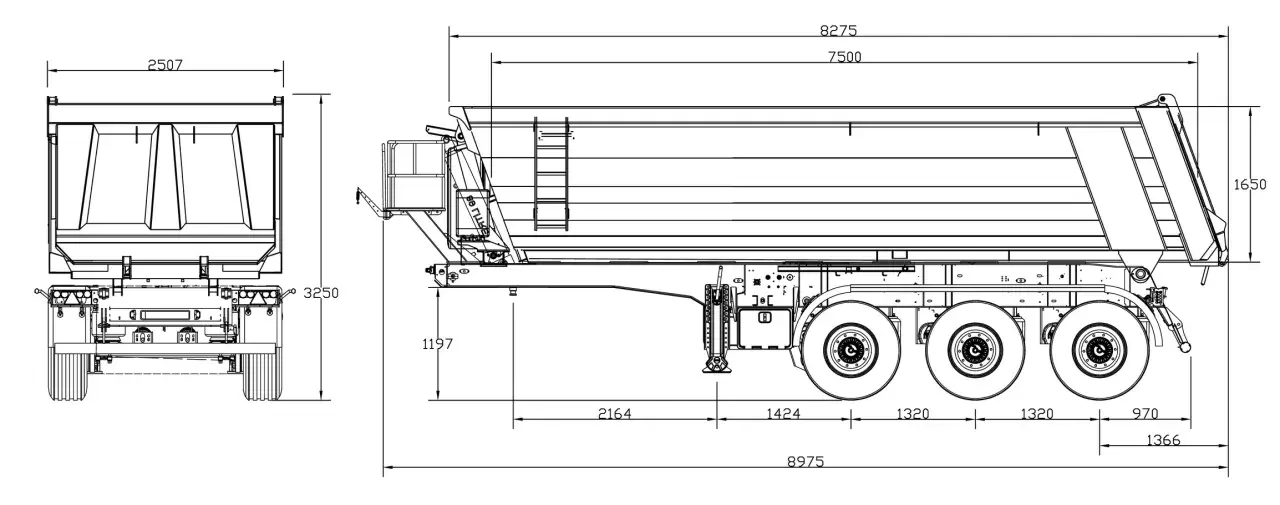 Plan technique d'une semi-remorque benne, montrant sa largeur de 2507 mm et d'autres dimensions essentielles.