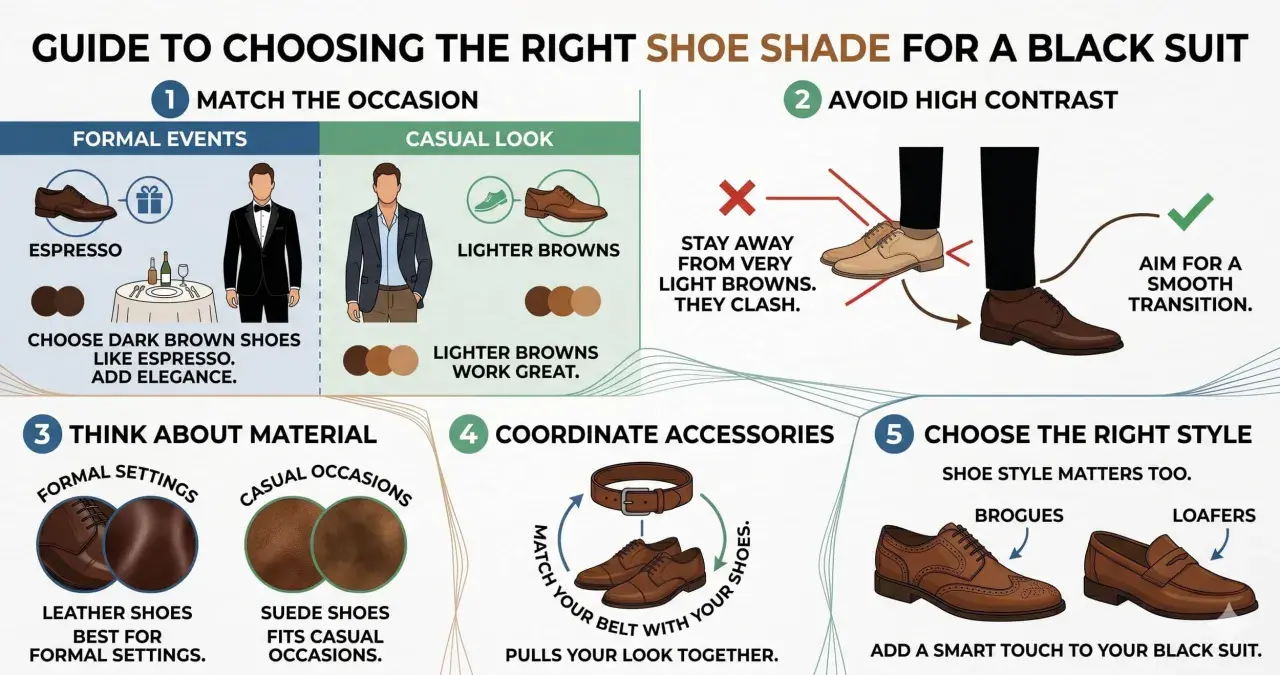 Schwarzer Anzug mit braunen Schuhen: Espresso-braune Schuhe für formelle Anlässe, hellere Brauntöne für lässige Looks. Leder für Eleganz, Wildleder für Freizeit.