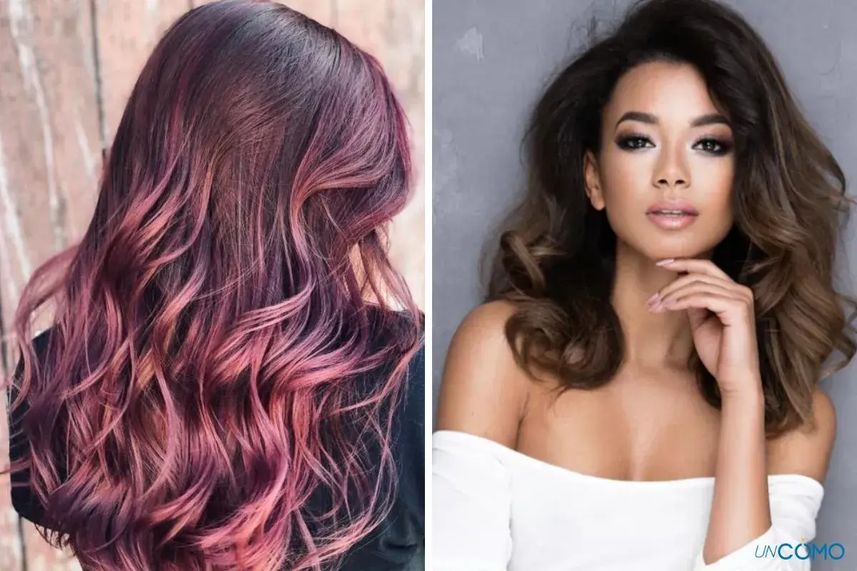 Cabello ondulado con degradado de color morado a rosa, ideal como color de pelo para morenas. A su lado, una mujer con cabello castaño oscuro y ondas suaves.