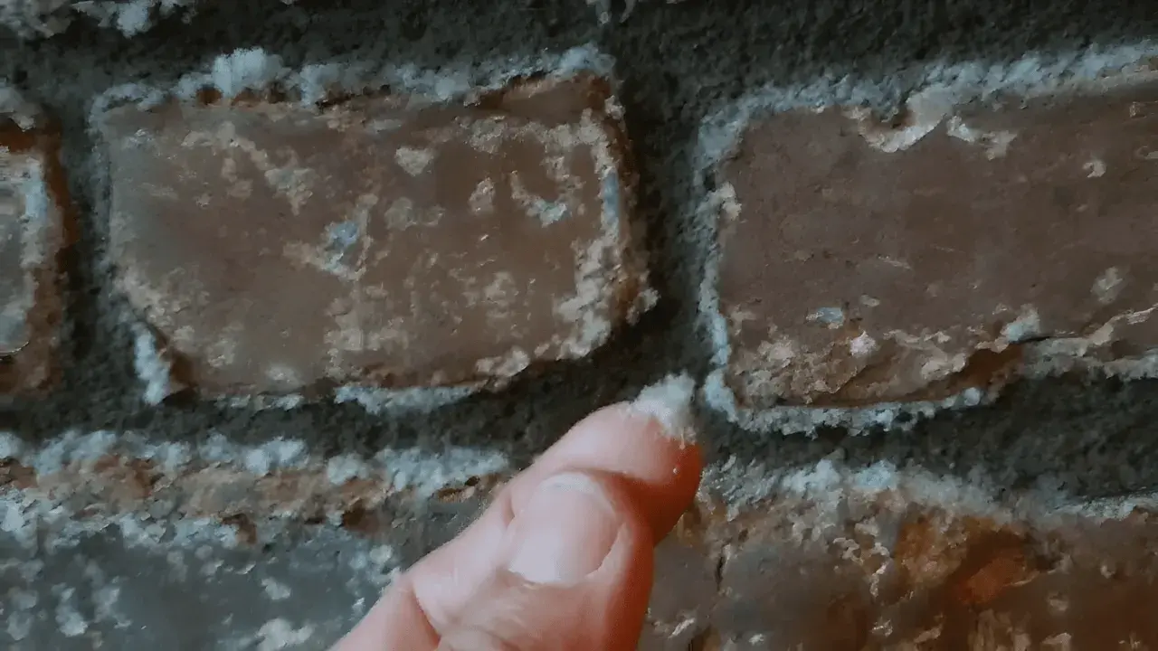 Ein Finger berührt weiße Ablagerungen auf einer Ziegelwand. Dies zeigt, wie Salpeter entsteht, oft durch Feuchtigkeit und chemische Reaktionen.
