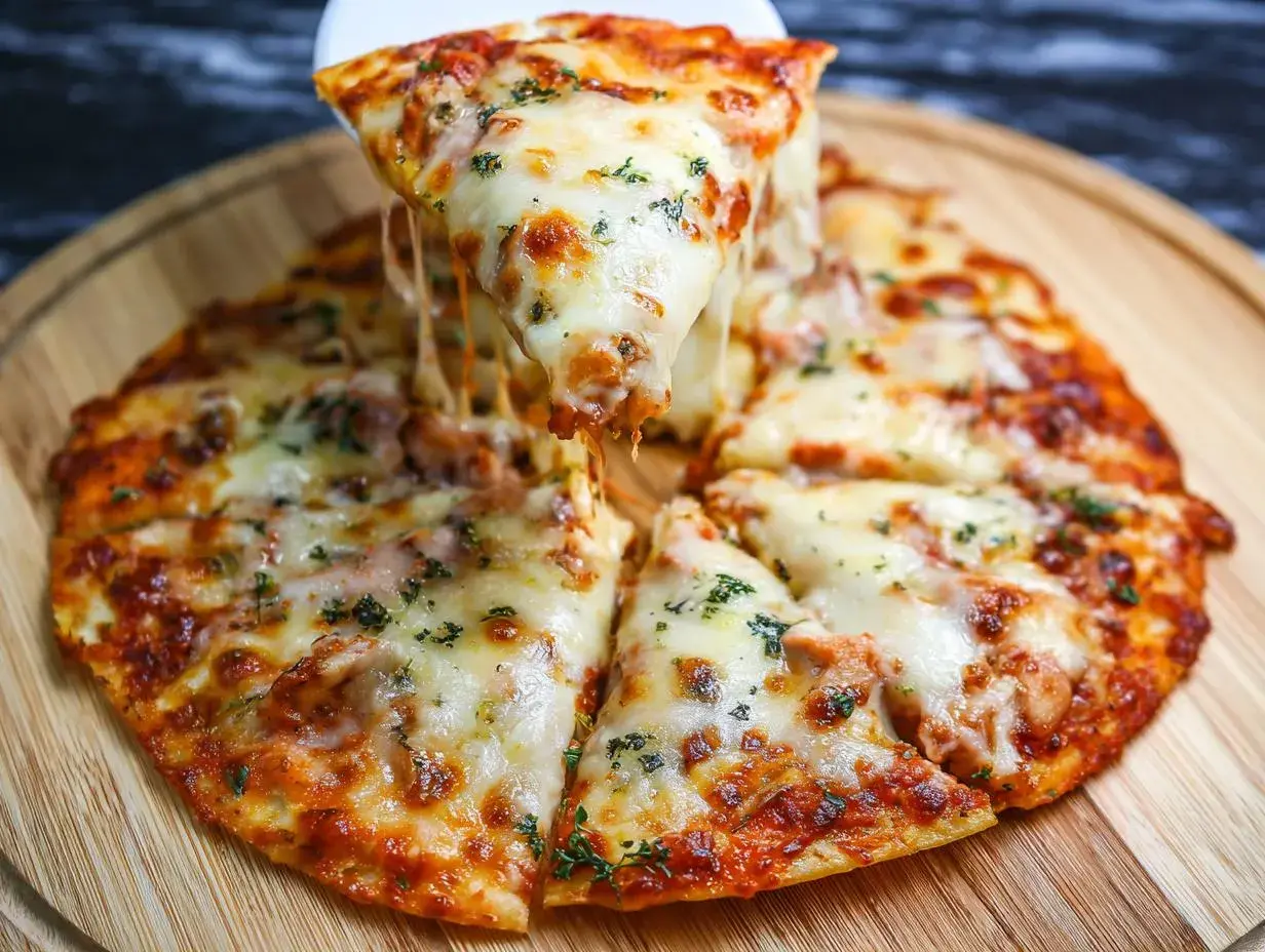 Pyszna pizza z tortilli z ciągnącym się serem i ziołami, podana na drewnianej desce.