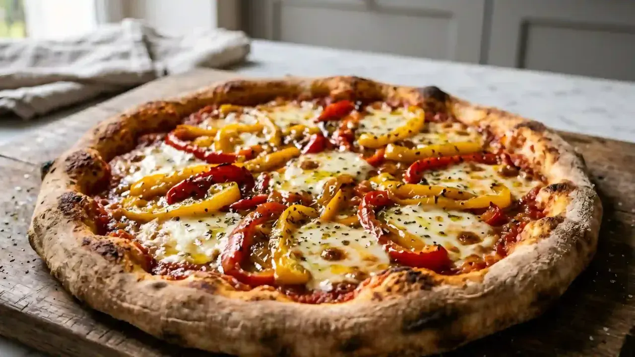 Une délicieuse pizza poivron rouge et jaune, garnie de mozzarella fondante et d'herbes, sur une planche en bois rustique.
