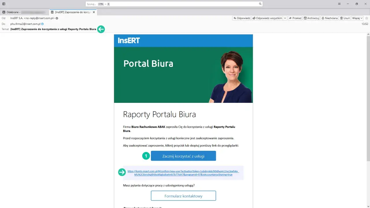 Zaproszenie do Portalu Biura od firmy Insert. Kliknij "Zacznij korzystać z usługi", aby zaakceptować i dowiedzieć się, jak zakończyć zaproszenie.