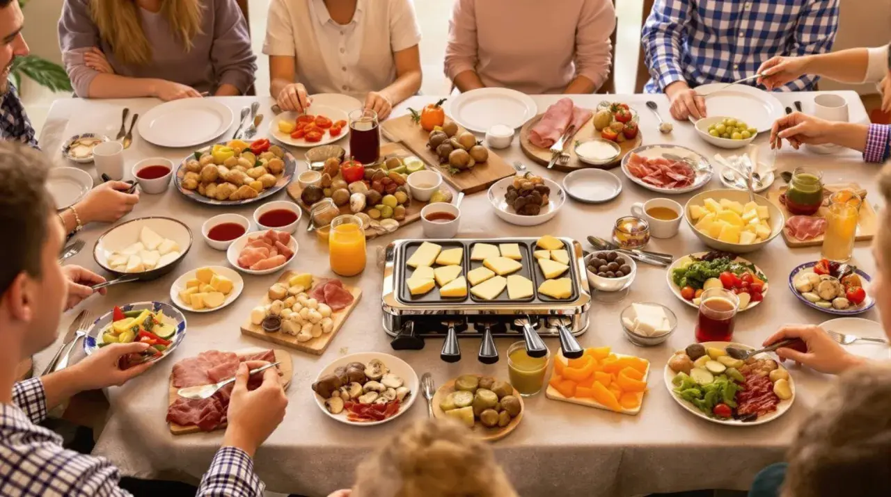 Une joyeuse tablée partage une raclette maison conviviale, avec fromage fondant, charcuteries et légumes variés.