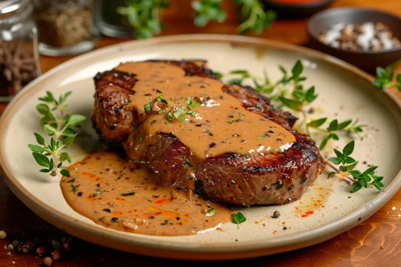 Un steak juteux nappé d'une onctueuse sauce au poivre, garni de brins de thym frais. Un délice pour les yeux et les papilles.