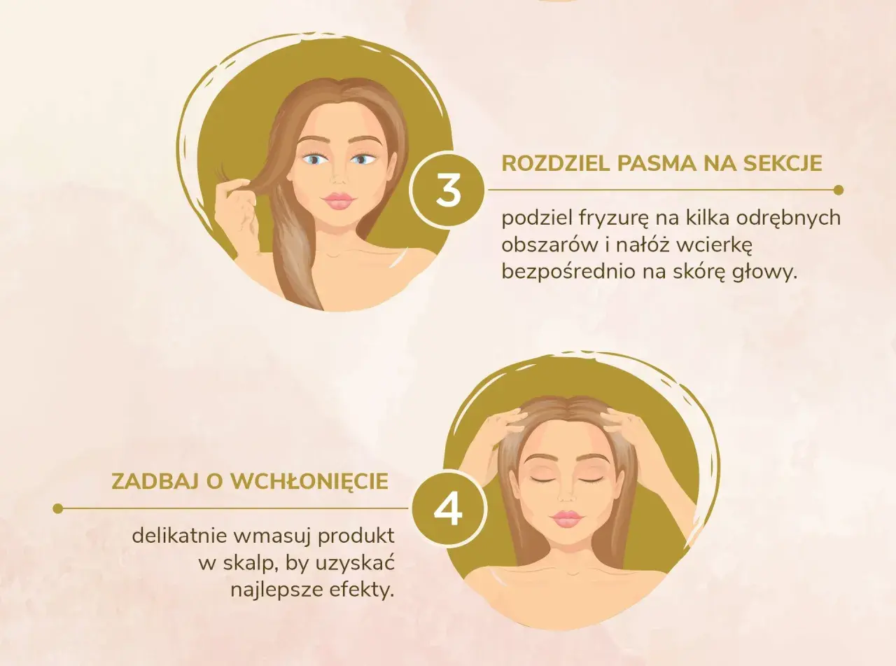 Jak używać wcierki do włosów: podziel pasma, nałóż produkt na skórę głowy i delikatnie wmasuj dla najlepszych efektów.