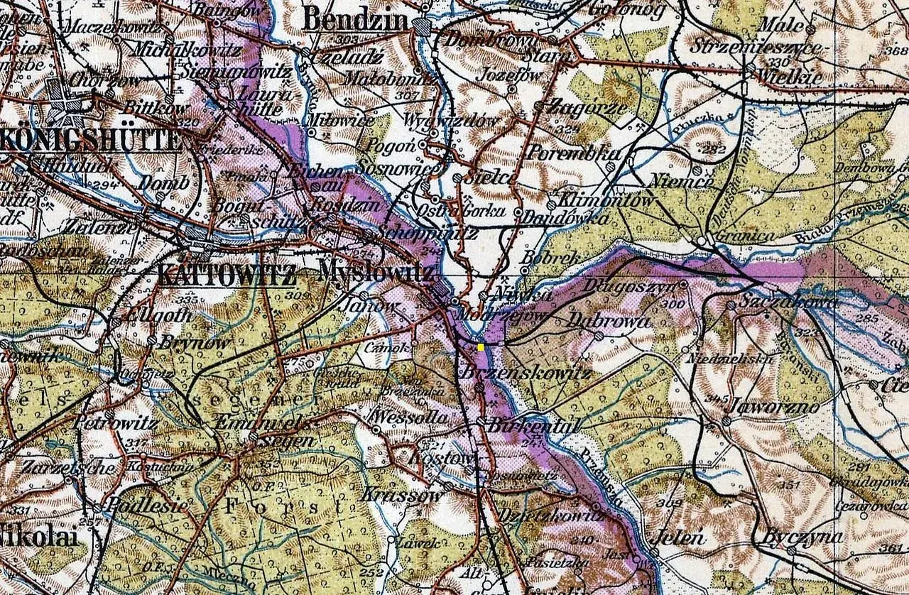 Mapa przedstawia obszar z zaznaczoną granicą 3 państw, z widocznymi miastami jak Katowice, Mysłowice i Jaworzno.