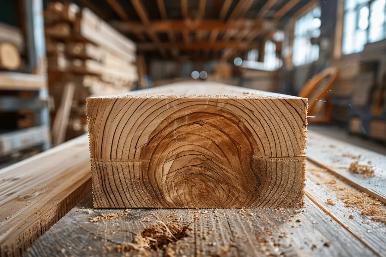 Section transversale d'une poutre en bois, révélant les anneaux de croissance et la beauté naturelle de la structure en lamellé collé.