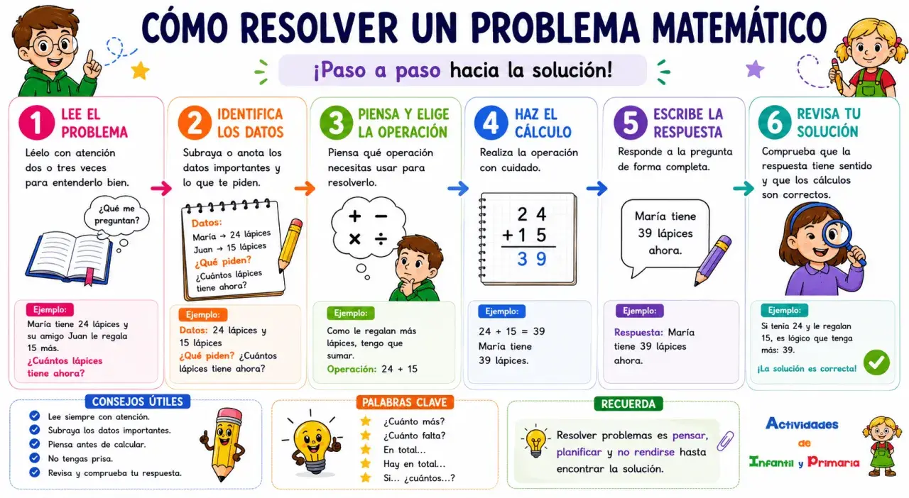 Guía para resolver problemas matemáticos de 4 primaria: lee, identifica datos, elige operación, calcula, escribe respuesta y revisa.