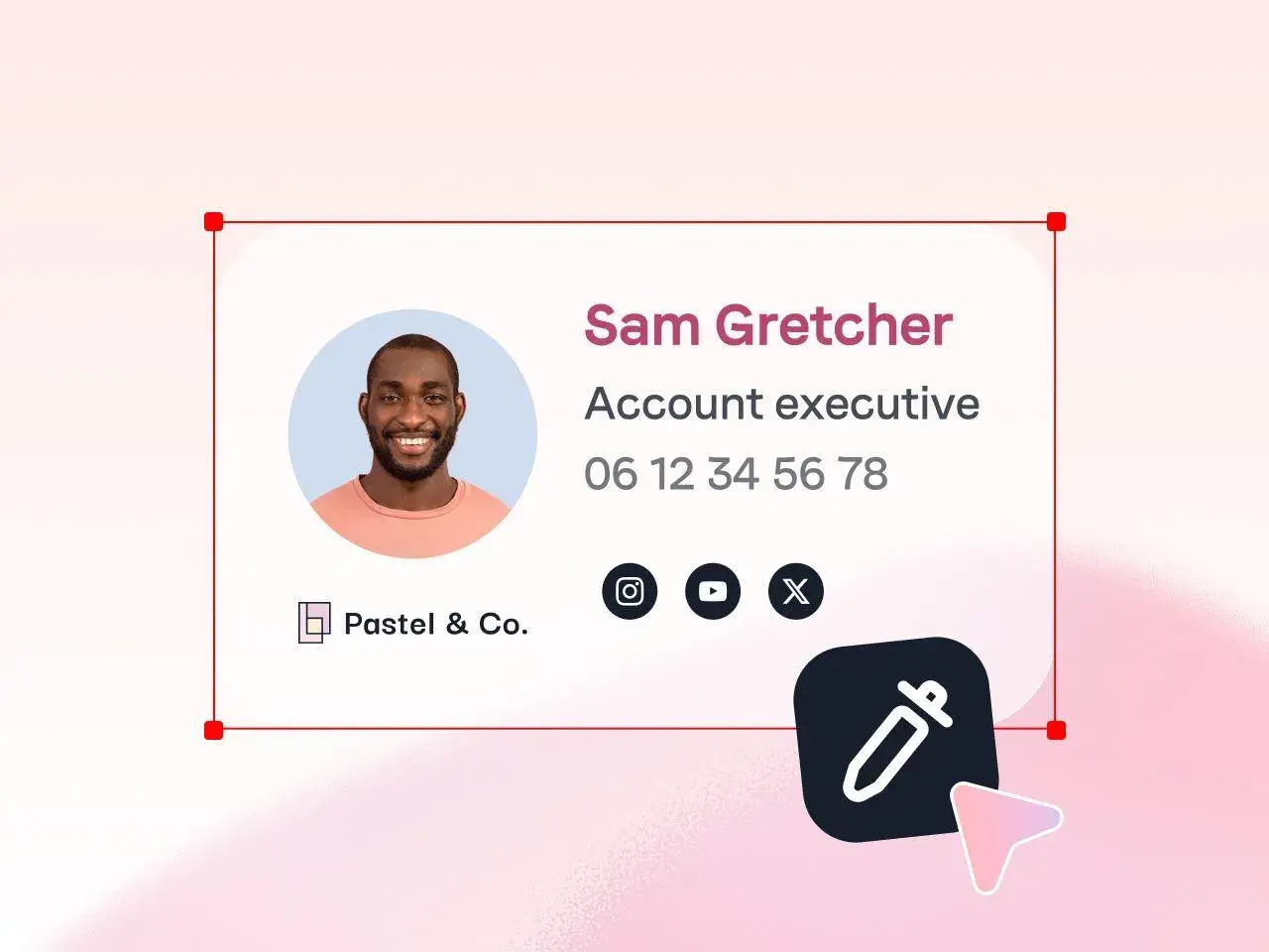 Signature mail de Sam Gretcher, Account Executive chez Pastel & Co. avec photo, numéro et icônes réseaux sociaux.