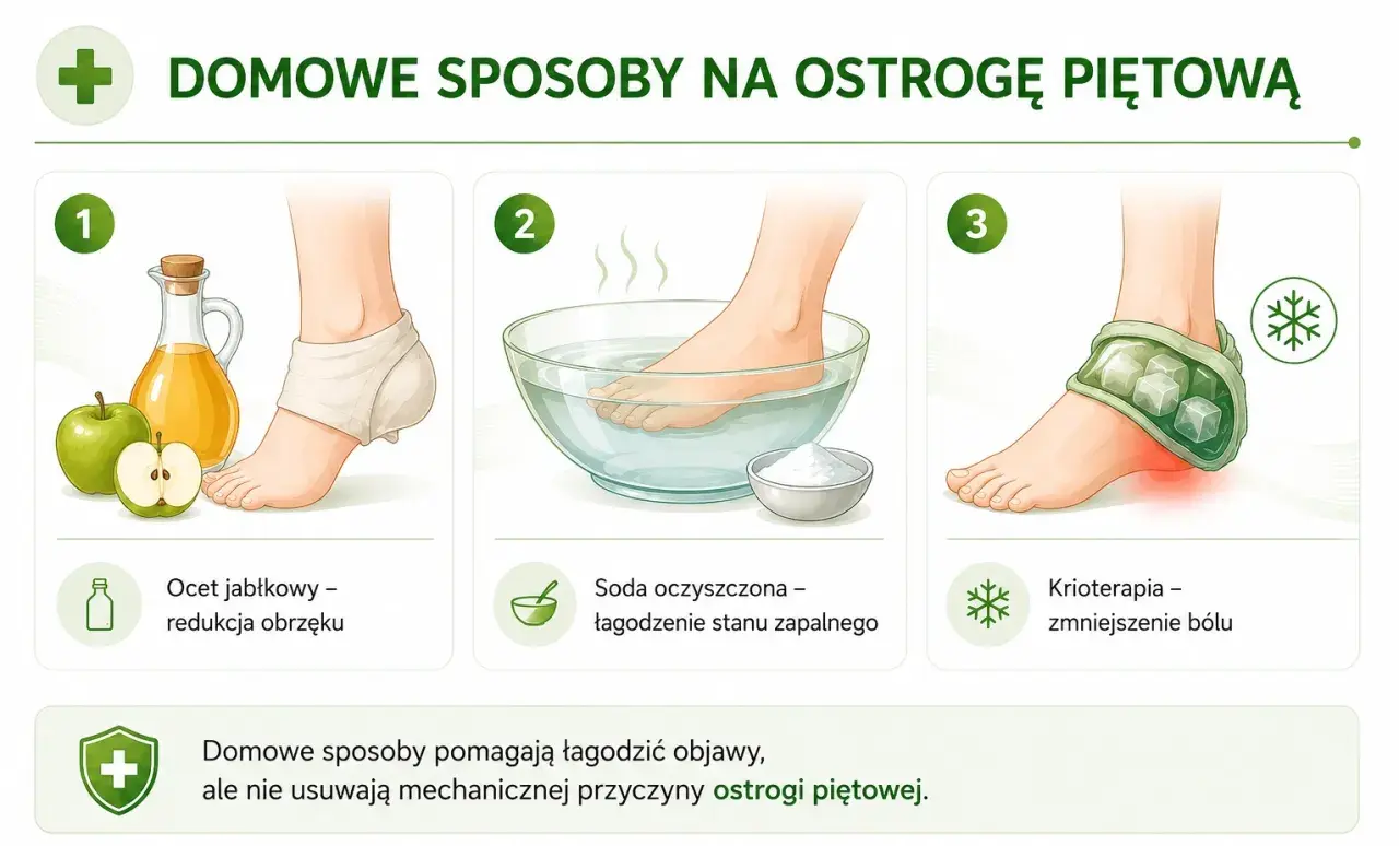 Domowe sposoby na ostrogę piętową: okład z octu jabłkowego, kąpiel z sodą, krioterapia. Łagodzą objawy, ale nie usuwają przyczyny.