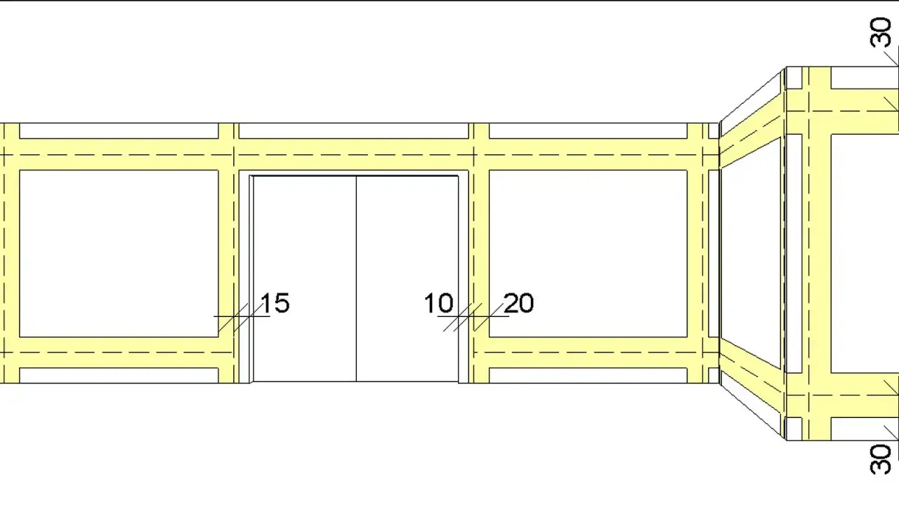 Schematische Darstellung, wie verlaufen stromleitungen in der wand. Gelbe Linien zeigen die Leitungswege, weiße Flächen sind Wände.
