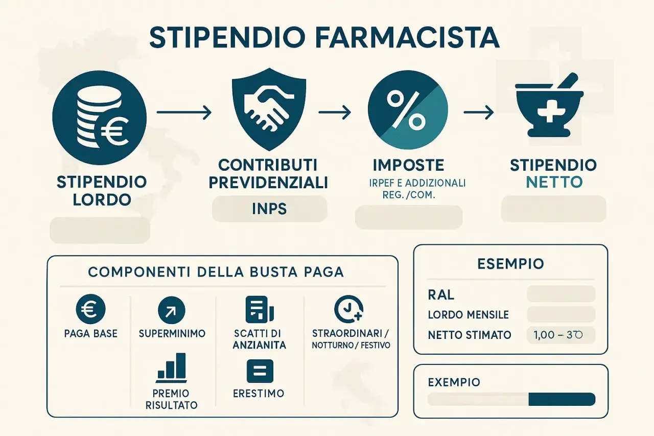 Schema illustra il calcolo stipendio netto farmacista: da lordo a netto, passando per contributi e imposte. Include componenti busta paga ed esempio.