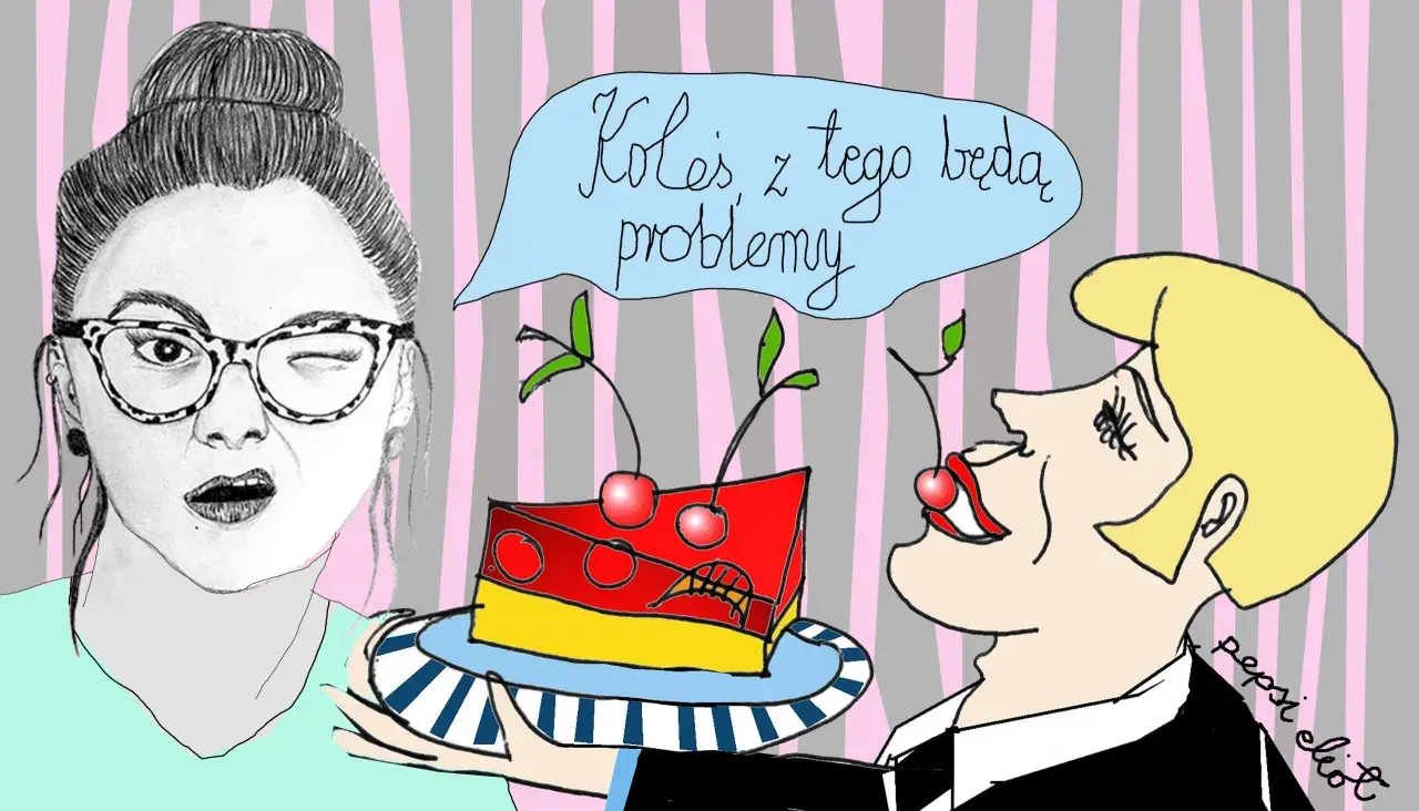 Kobieta z okularami i ciastko z wiśniami. Mężczyzna mówi: "Koleś, z tego będą problemy", bo ma wolny metabolizm.