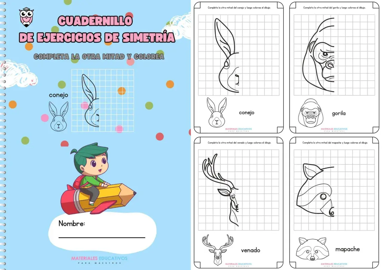 Cuadernillo de ejercicios de simetría con dibujos de animales para completar y colorear: conejo, gorila, venado y mapache.