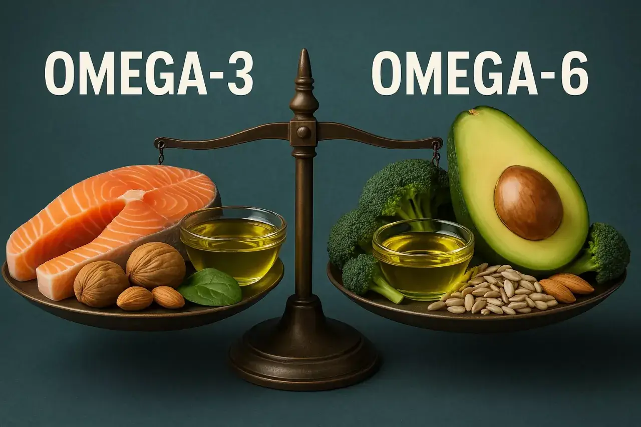 Waga pokazuje równowagę między kwasami omega-3 (łosoś, orzechy) a kwasami omega-6 (awokado, brokuły, nasiona).
