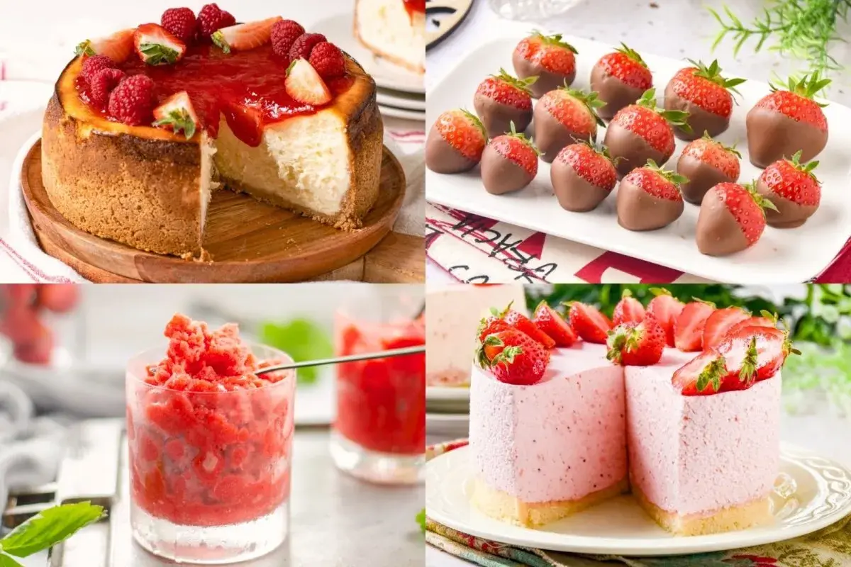 Pastel de queso con fresas, fresas cubiertas de chocolate, granizado de fresa y tarta de mousse de fresa. ¡Deliciosos postres de fresa!