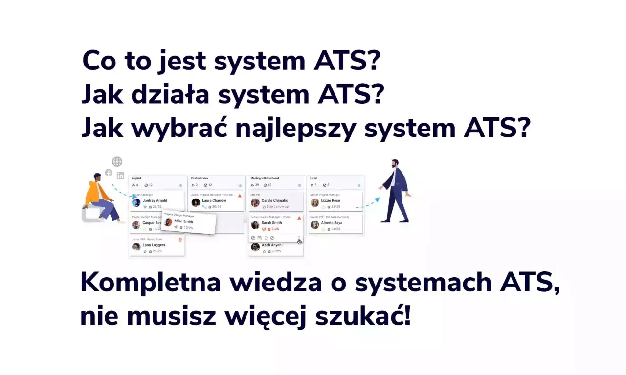 Grafika przedstawia interfejs systemu ATS, gdzie widać etapy rekrutacji kandydatów. Poznaj system ATS i usprawnij proces zatrudniania.