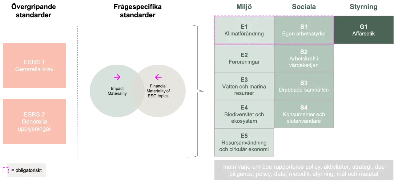 Schema för CSRD-direktivets standarder: övergripande, specifika, miljö, sociala och styrning.