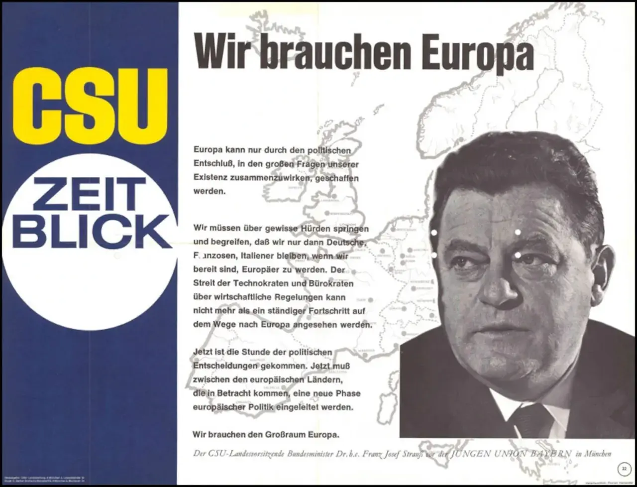 Porträt von Franz Josef Strauß vor einer Europakarte. CSU-Plakat mit dem Slogan "Wir brauchen Europa".