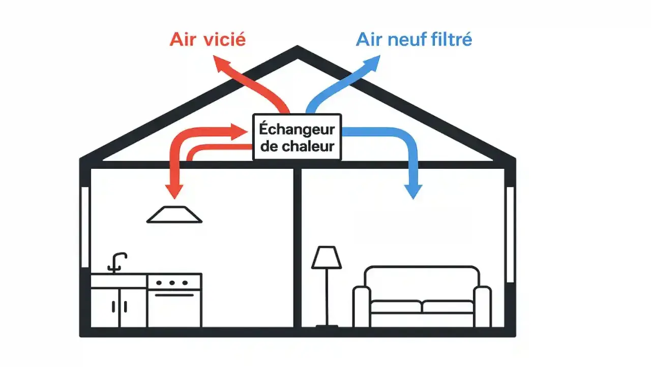 Schéma d'une maison montrant le fonctionnement d'une VMC double flux pour la rénovation : l'air vicié est extrait et l'air neuf est filtré et réchauffé.