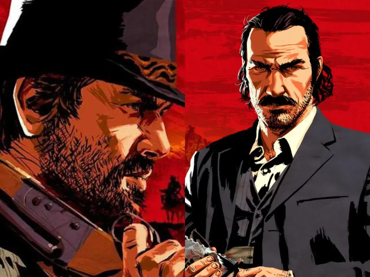 Dwóch mężczyzn z gry Red Dead Redemption, jeden z karabinem, drugi w garniturze. Fani zastanawiają się, kiedy będzie Red Dead Redemption 3.