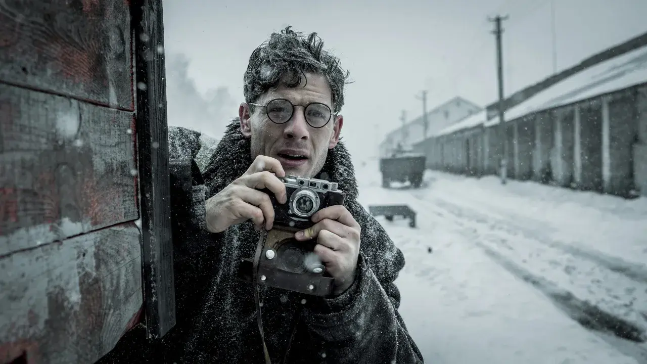 Mężczyzna w okularach z aparatem w ręku, w zimowej scenerii. Scena jak z filmów Agnieszki Holland.