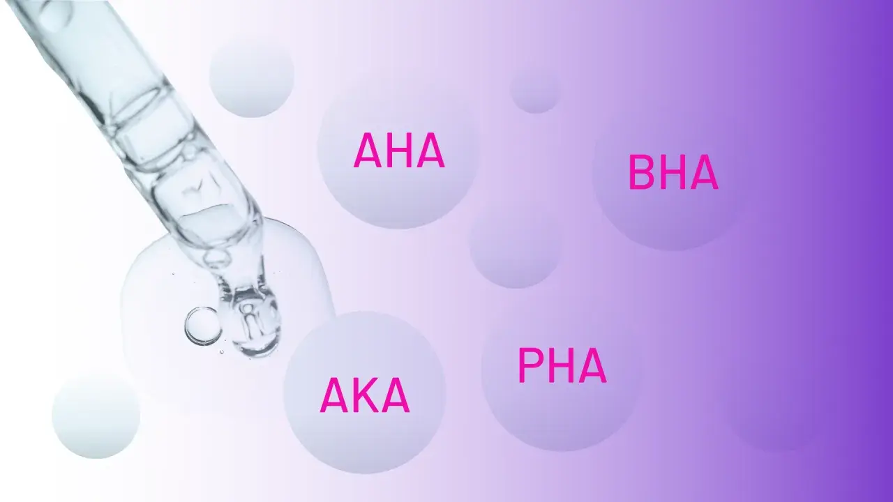Kropla serum z pipety zawiera różne rodzaje kwasów: AHA, BHA, AKA i PHA.