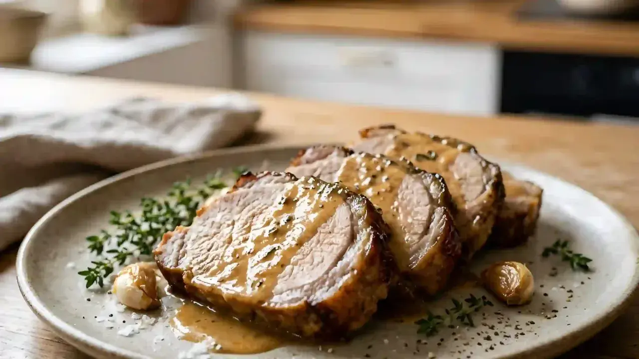 Tranches de roti de porc au lait, nappées d'une sauce onctueuse, garnies de thym et d'ail rôti. Un délice !
