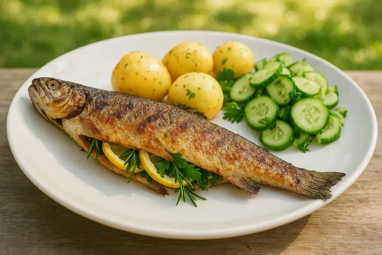 Pstrąg z grilla, podany z ziemniakami i mizerią, pachnie latem i słońcem.
