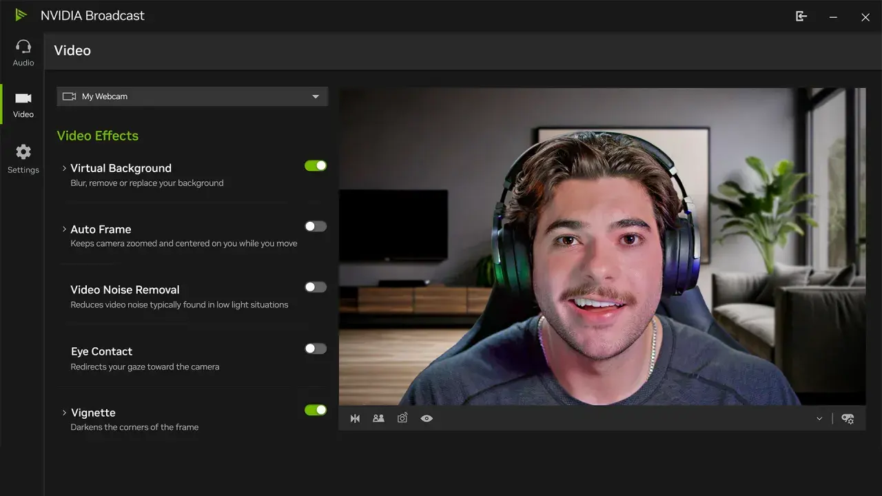 NVIDIA Broadcast-Software mit Video-Effekten wie virtueller Hintergrund und Auto-Frame für ein besseres Streaming-Erlebnis.