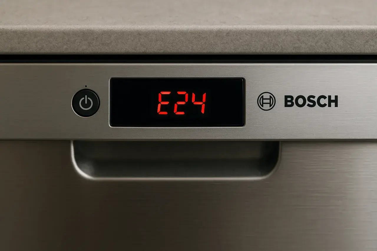 Wyświetlacz zmywarki Bosch pokazuje błąd E24. Czerwone cyfry E24 na czarnym tle, obok przycisku zasilania i logo Bosch.