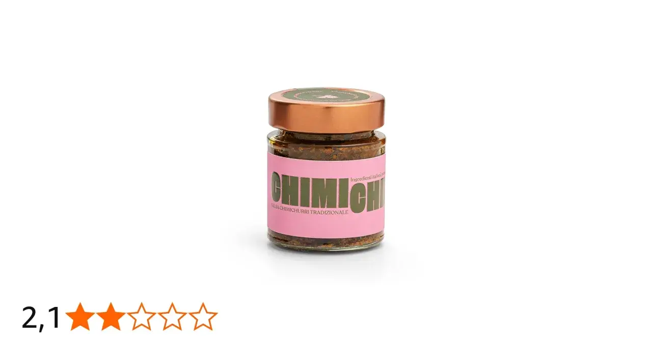 Frasco de vidrio con salsa chimichurri tradicional, etiqueta rosa con letras verdes y tapa dorada.