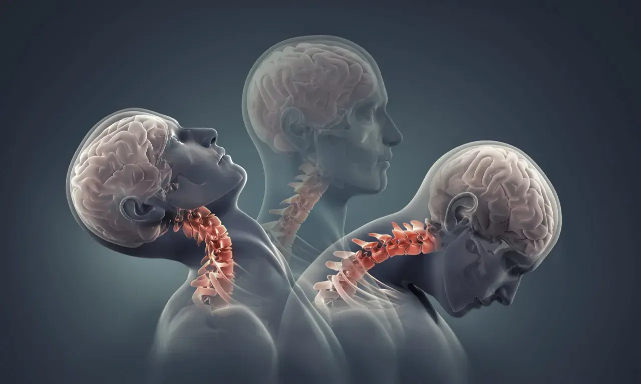 Trzy sylwetki ukazujące ruch głowy i szyi, ilustrujące mechanizm urazu whiplash.