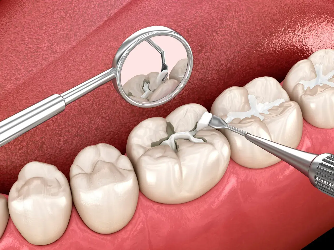 Un dentista aplica selladores dentales para proteger las muelas de las caries.