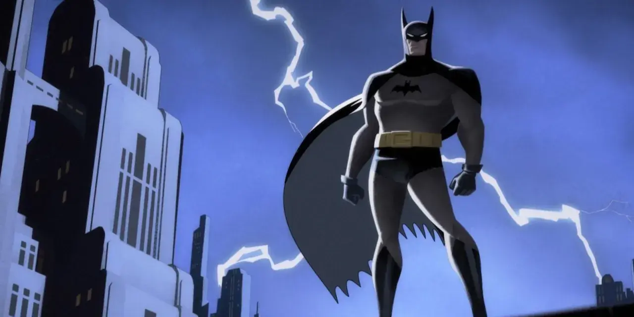 Batman, mroczny mściciel, stoi na tle burzowego nieba i Gotham.
