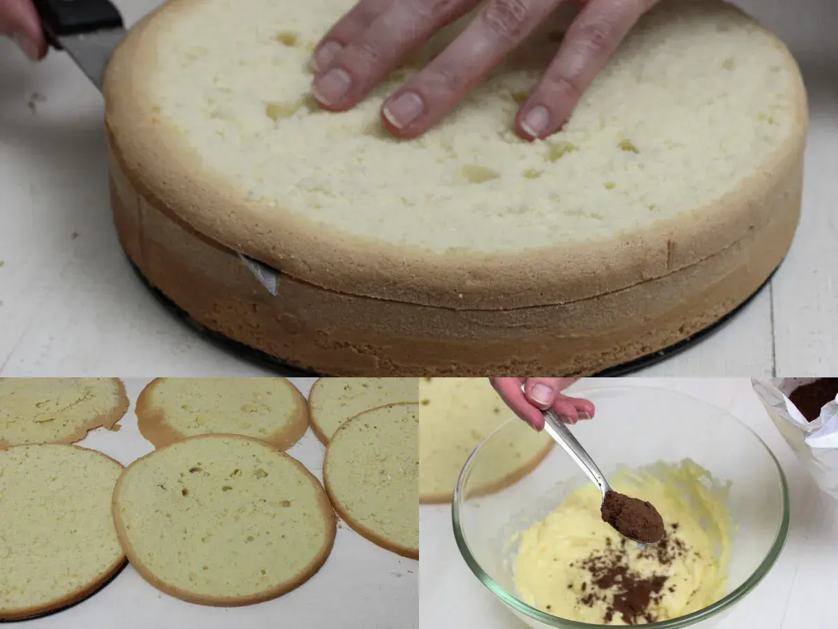 Przygotowanie biszkoptu do zuppa inglese. Krojenie ciasta i dodawanie kakao do kremu.