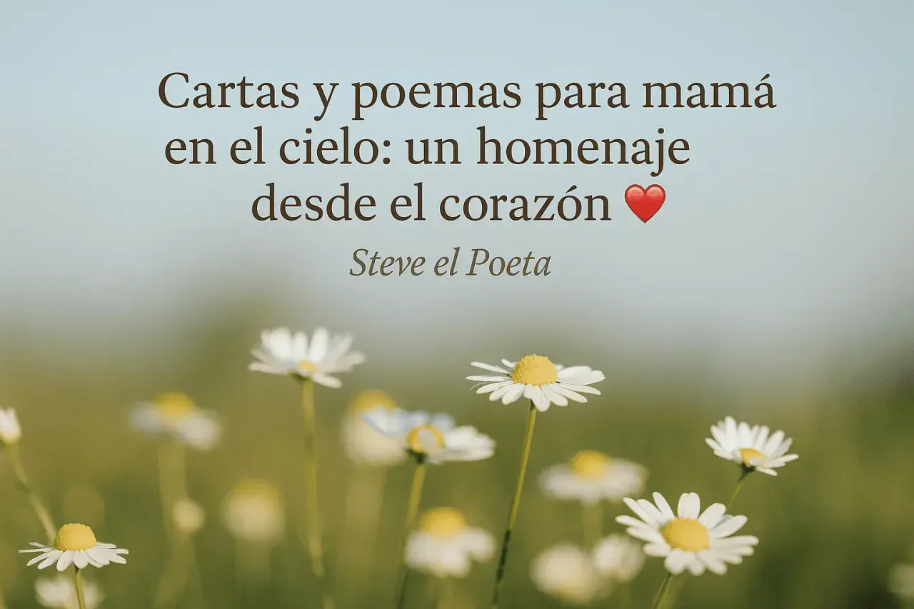 Flores y un corazón rojo acompañan el texto "Cartas y poemas para mamá en el cielo: un homenaje desde el corazón". Felicidades al cielo, mamá.