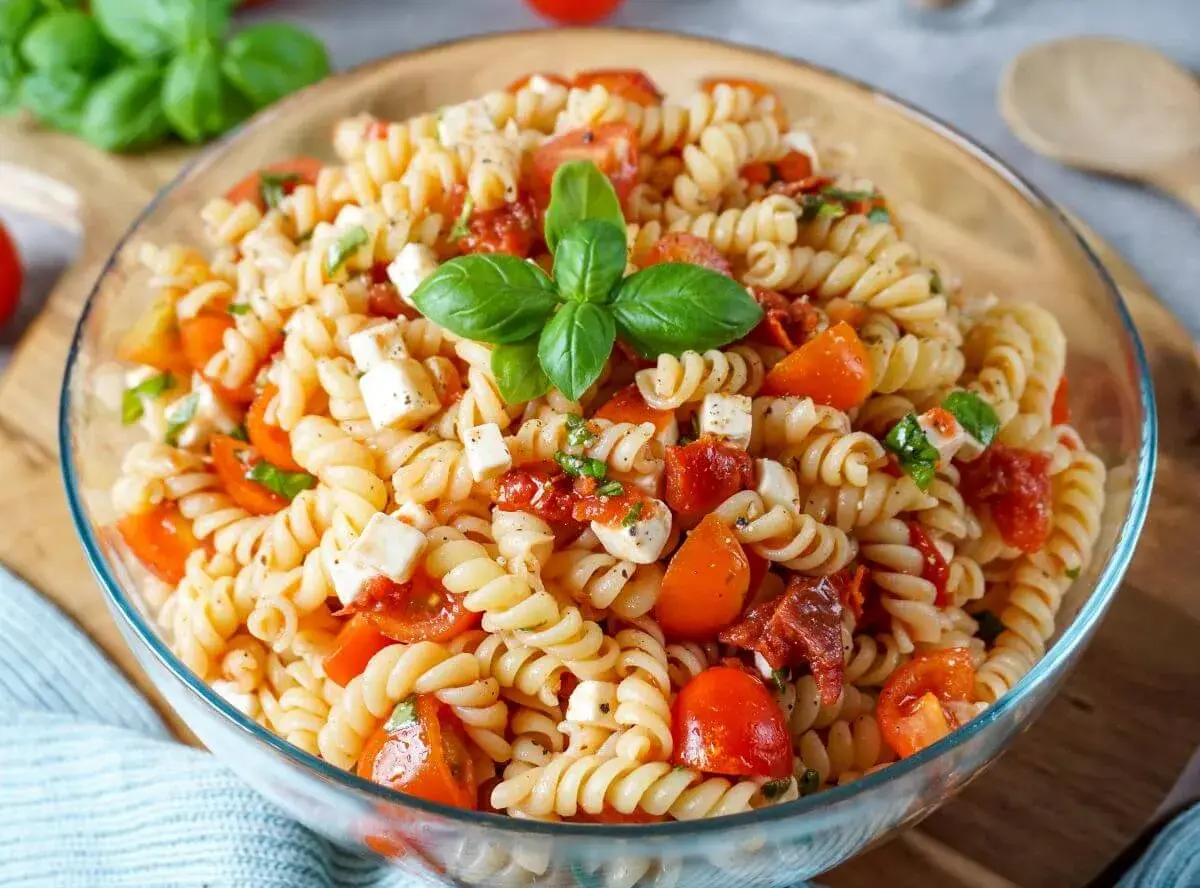 Ein köstlicher mediterraner Nudelsalat mit Fusilli, Kirschtomaten, Mozzarella und Basilikum, garniert mit frischen Basilikumblättern.