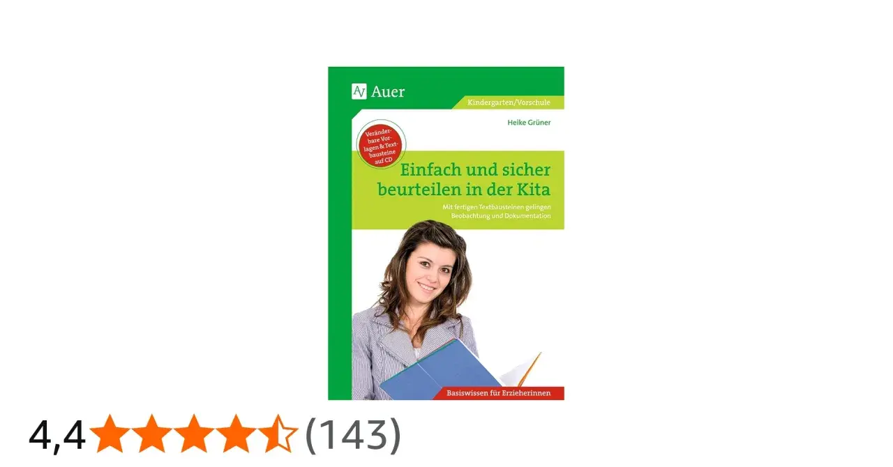 Buchcover: "Einfach und sicher beurteilen in der Kita" mit einer lächelnden Frau. Hilft bei der **offenen Beobachtung** und Dokumentation.