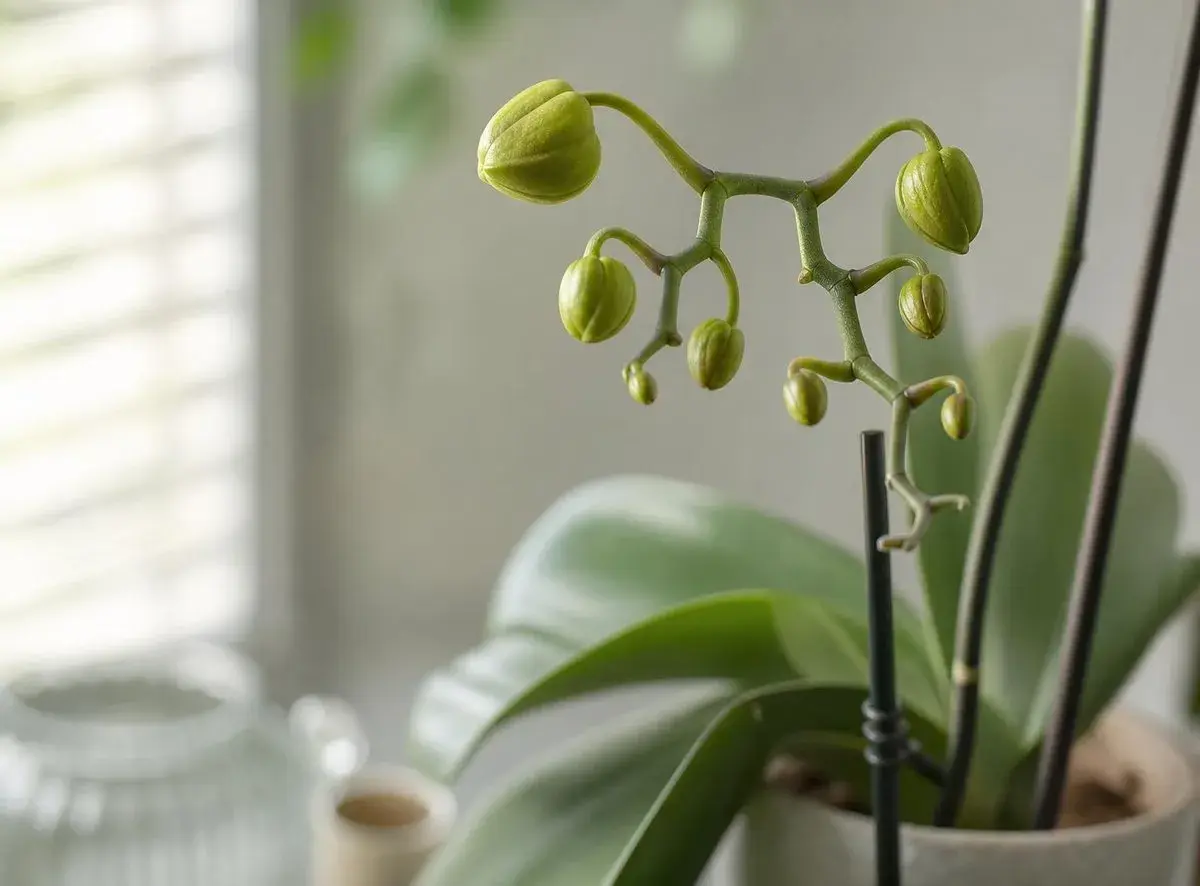 Tige d'orchidée avec plusieurs arrosage orchidée en bouton, prêts à éclore. Les feuilles vertes sont floues en arrière-plan.