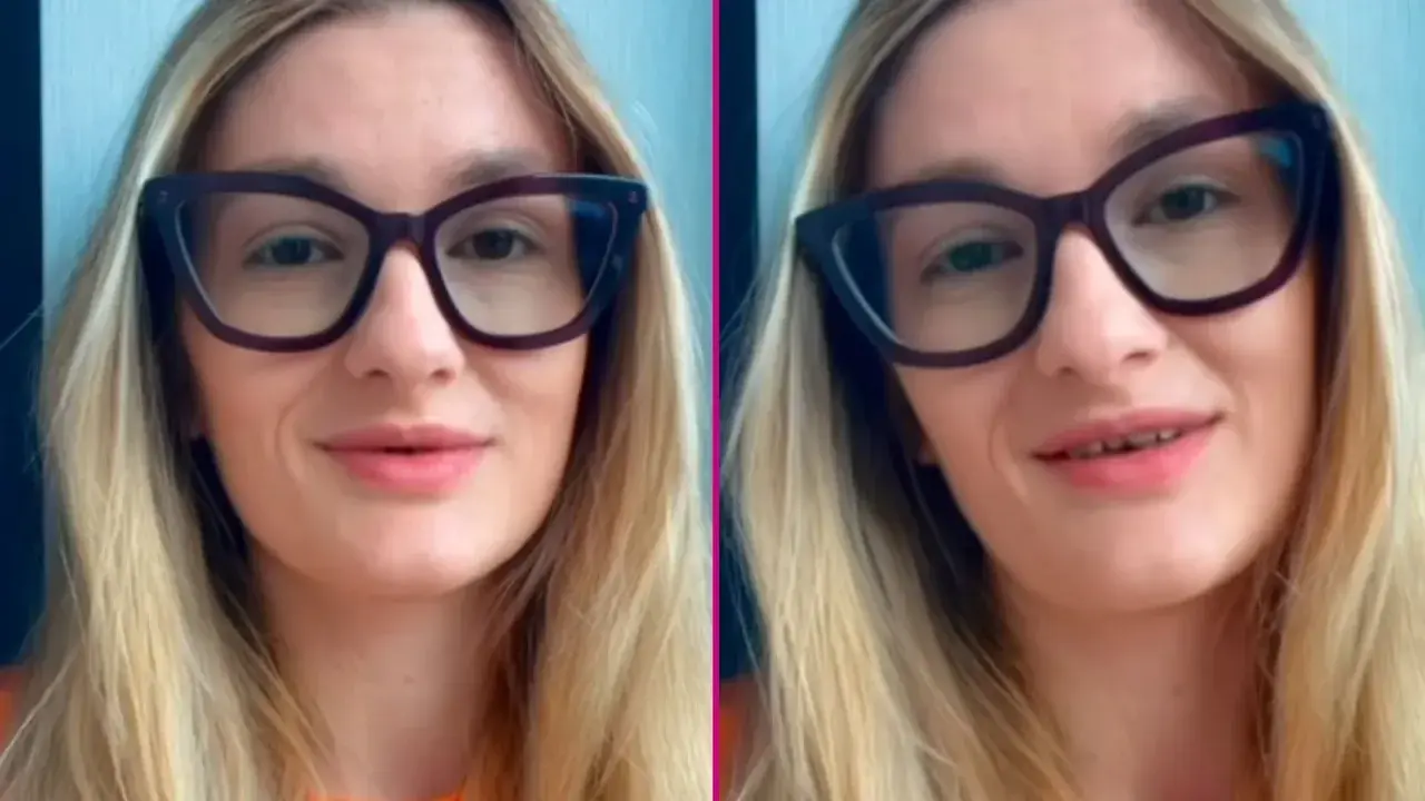 Uśmiechnięta blondynka w okularach, z widocznymi tureckie zęby.