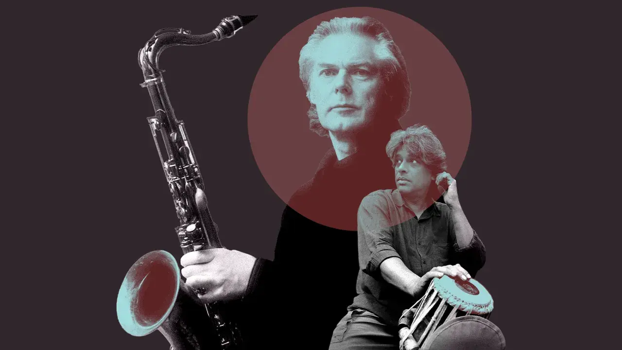 Jan Garbarek i muzyk grający na tabli, z saksofonem w tle.