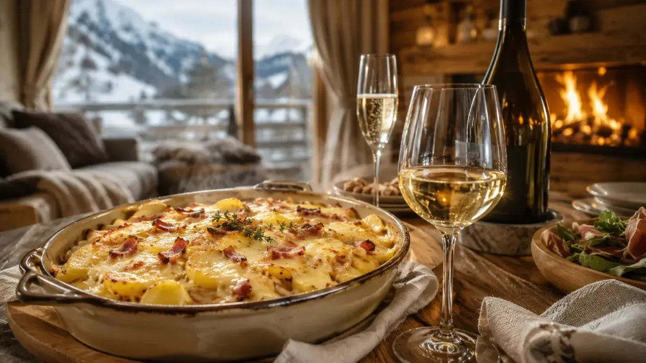 Un plat de tartiflette fumant, prêt à être dégusté avec un verre de vin blanc. Quel vin rosé avec tartiflette ? Une question qui se pose devant ce feu de cheminée.