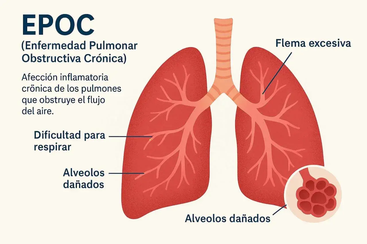 Ilustración de pulmones con EPOC, mostrando flema excesiva, dificultad para respirar y alvéolos dañados, una sensación de frío en los pulmones.