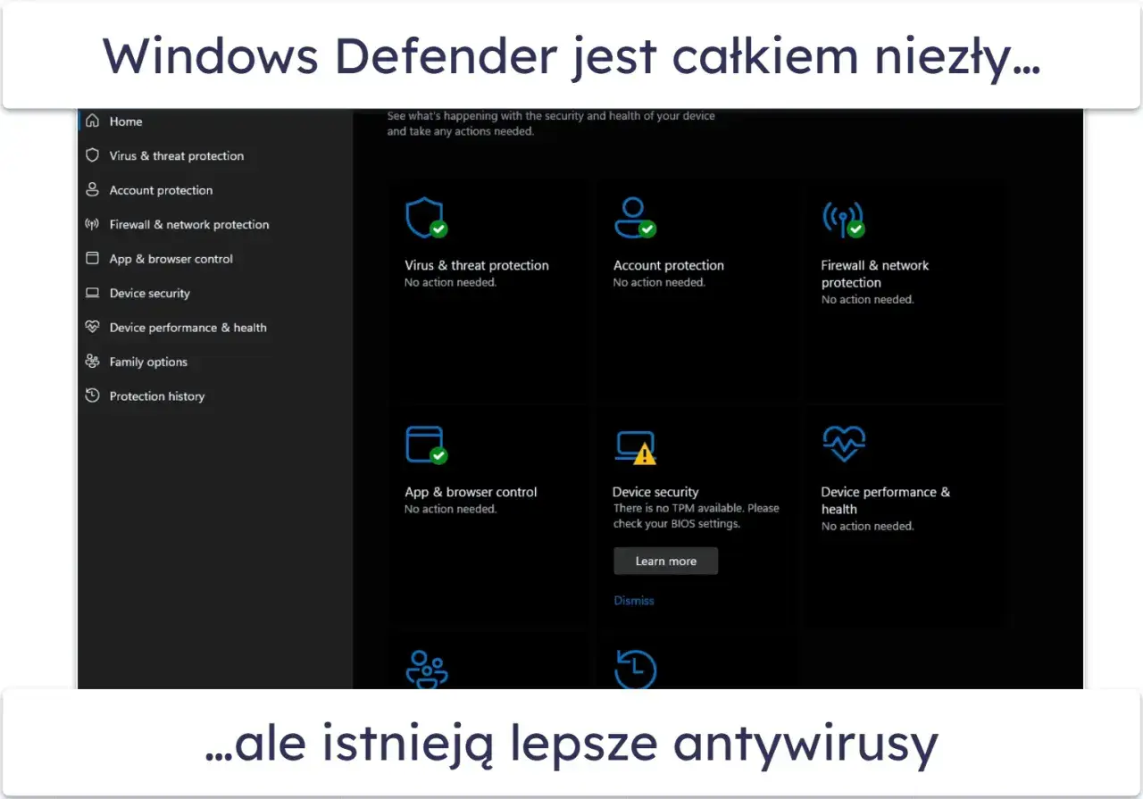 Interfejs Windows Defender pokazuje status ochrony: wirusów, konta, sieci i aplikacji. Wszystko działa poprawnie.